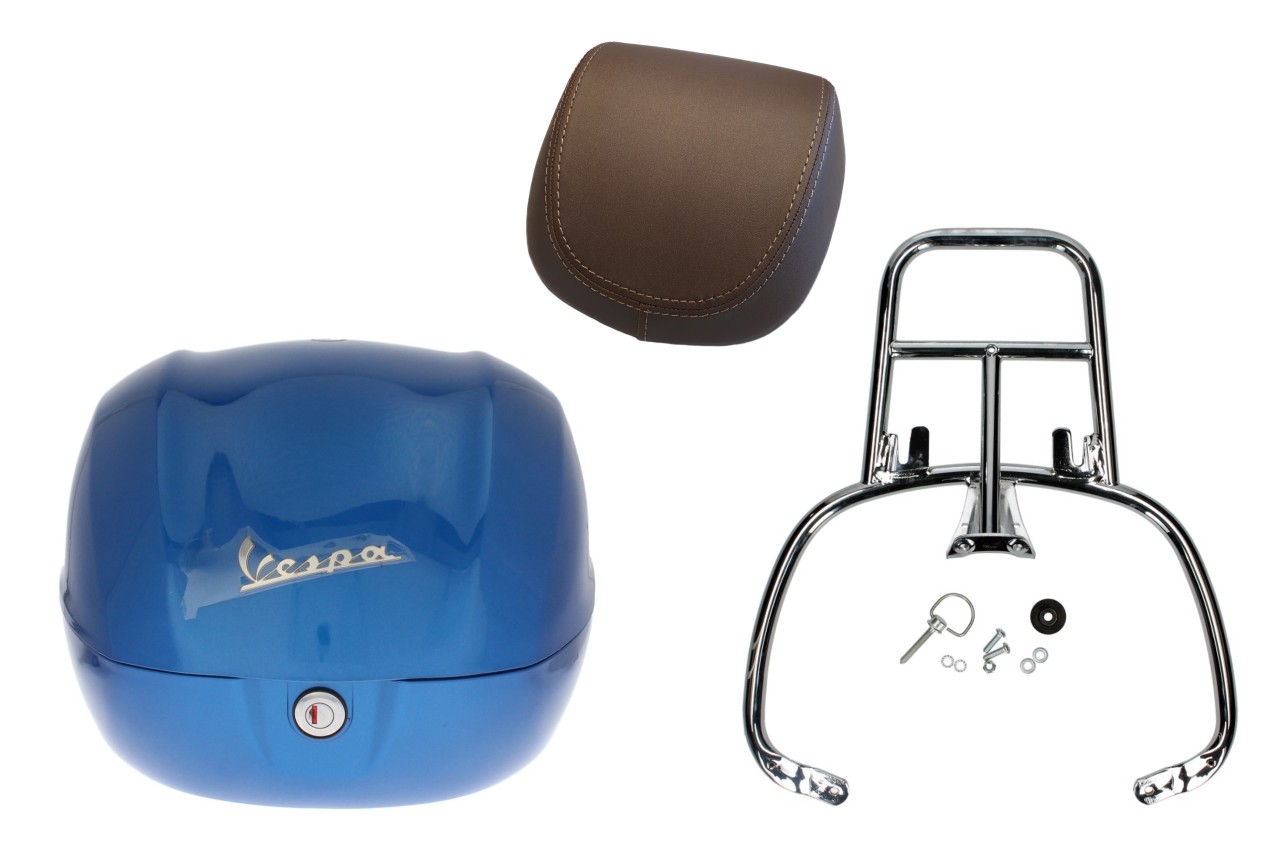 Topcase Kit 32L blau (261/A), Rückenpolster braun für Vespa Sprint / Primavera